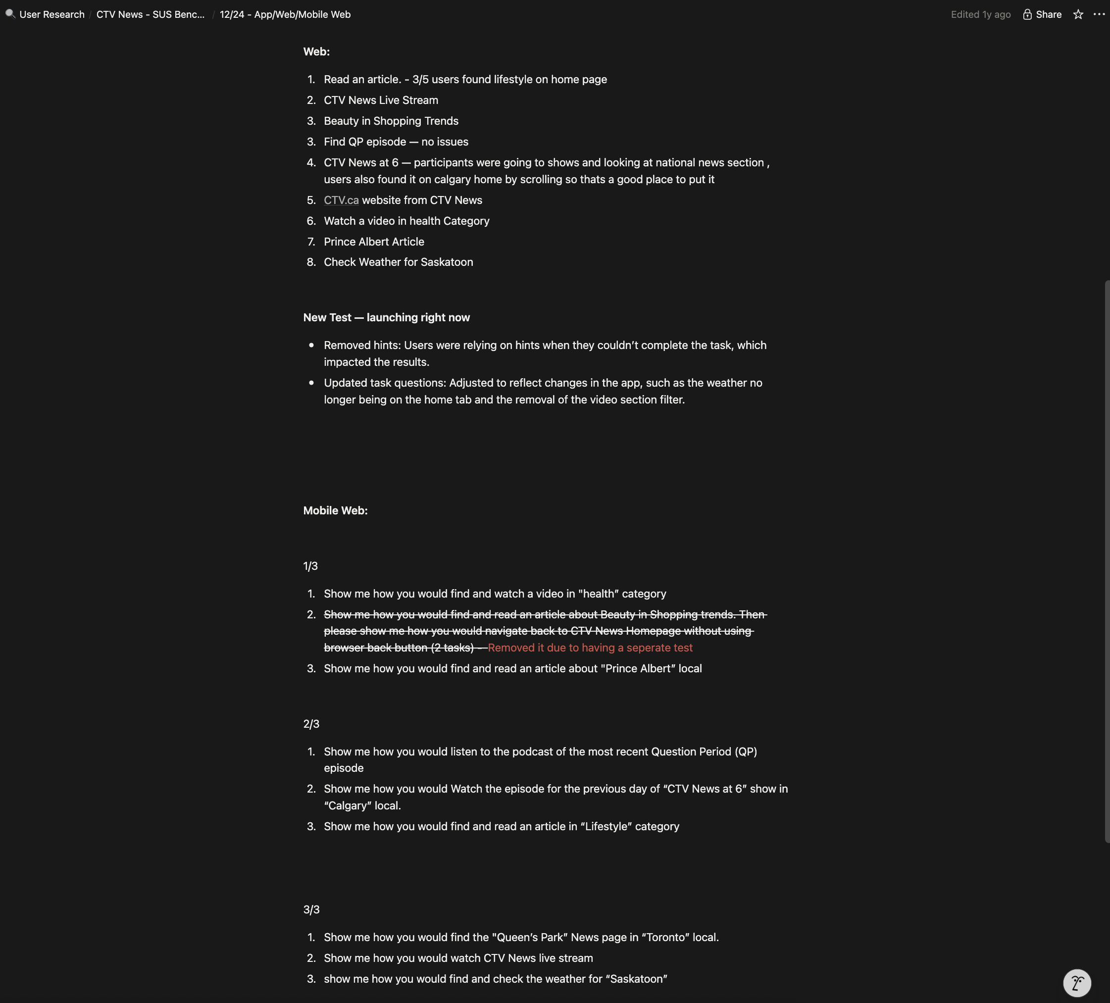 Usability benchmark study plan and task list for CTV News web and mobile web